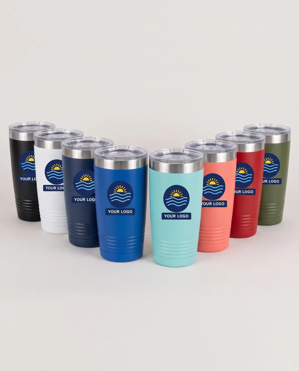 20oz tumblers in eight powder-coat colors with the same printed logo
