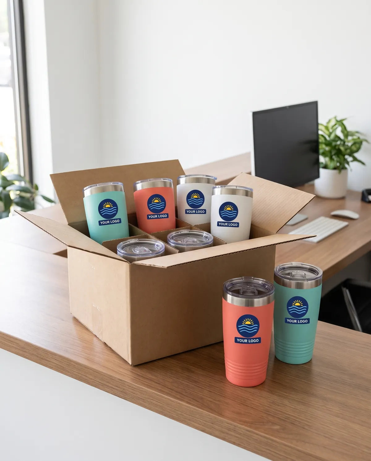 Shipping carton of logo tumblers opened on an office reception desk