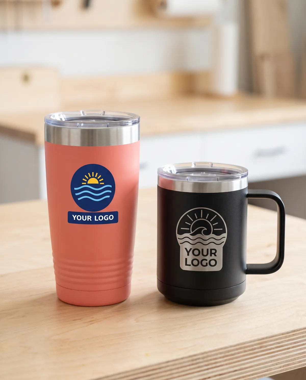 A UV printed tumbler next to a laser engraved mug