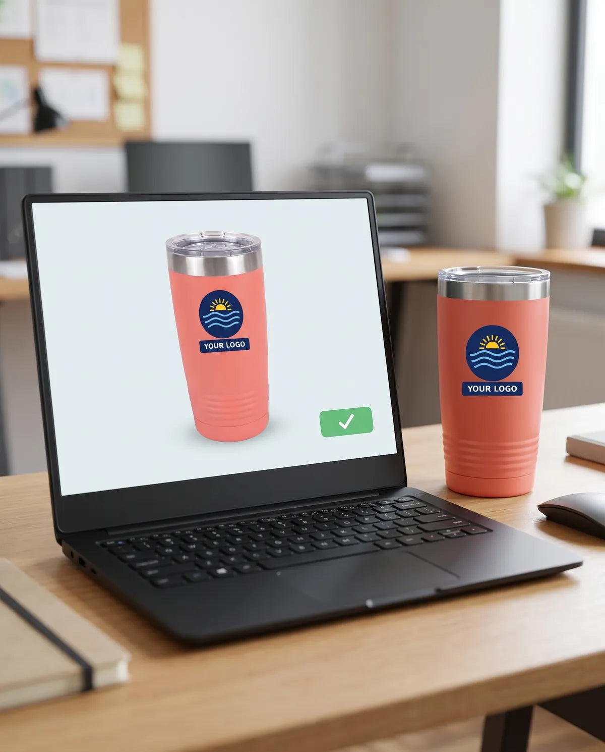 Laptop showing a digital proof of a logo tumbler next to the finished cup