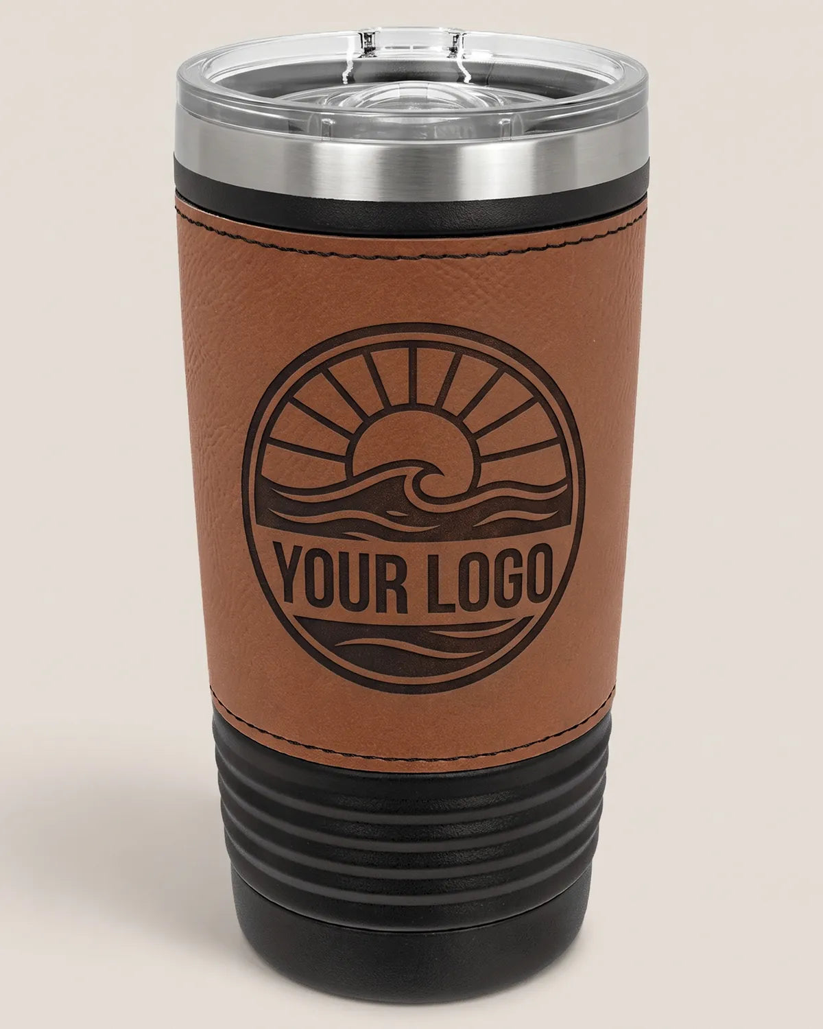 Laptop showing a digital proof of a logo tumbler next to the finished cup