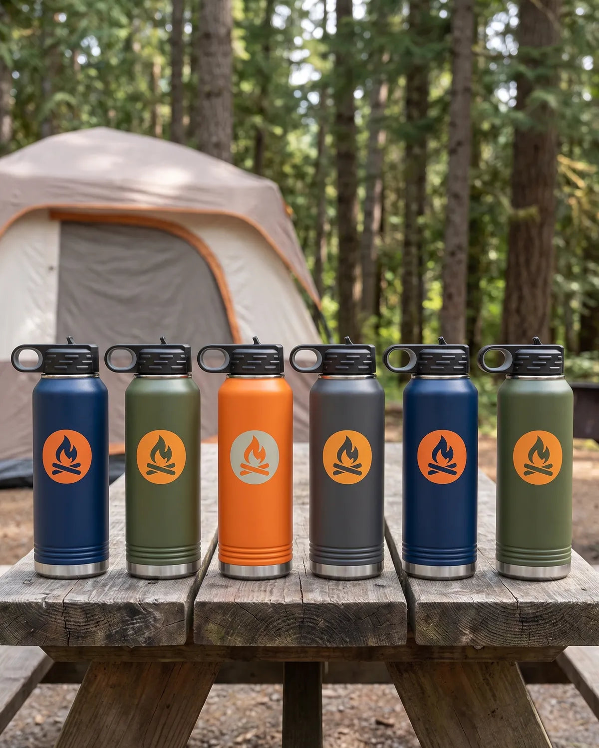 A row of printed water bottles on a picnic table