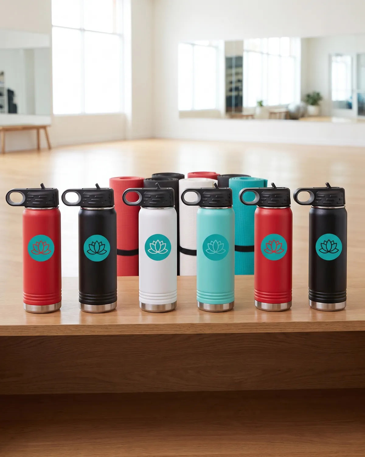 Printed water bottles lined up in a studio