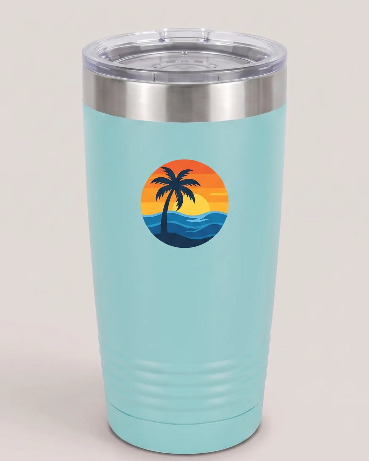 Close-up of a full-color sunset print on a tumbler