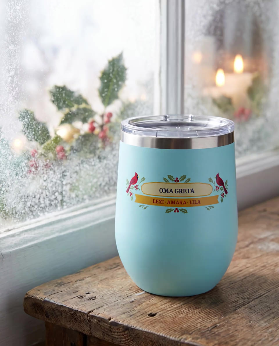 Six cups from our collections, one after another: a Holly Cardinals wine tumbler, a Patchwork Quilt full wrap, a groomsmen set, a Field Guide Tarpon, a Fairway Club Crest and a family set, each with printed names