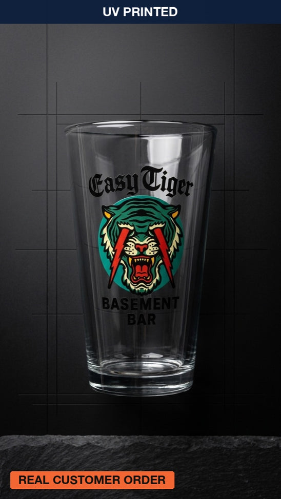 Easy Tiger Basement Bar, custom UV printed drinkware