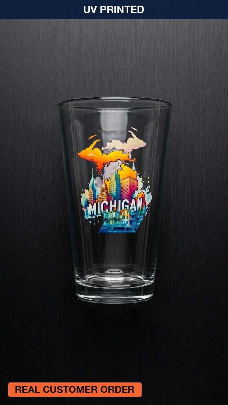 Pint glass printed with a full-color Michigan illustration, a real Karved customer order